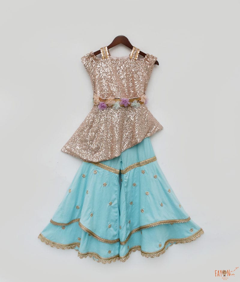 Fayon Kids Peach Sequins Blue Sharara with Top for Girls