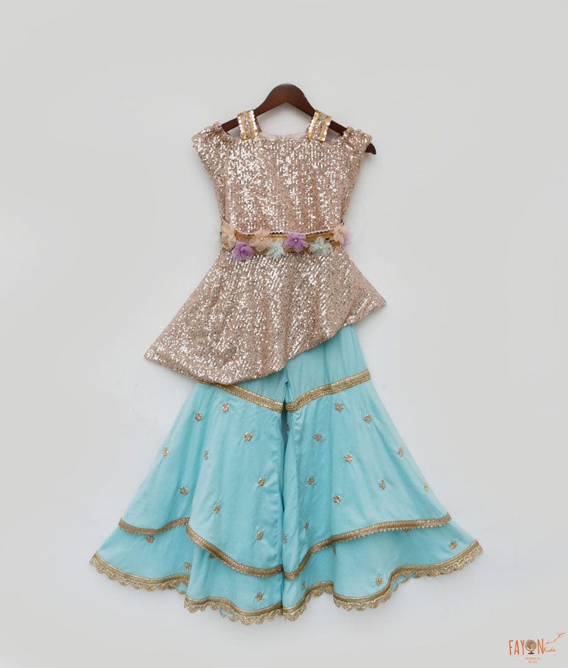 Peach Sequins Blue Sharara with Top for Girls