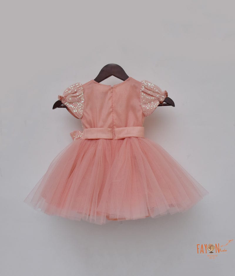 Fayon Kids Peach Sequins Net Frock for Girls