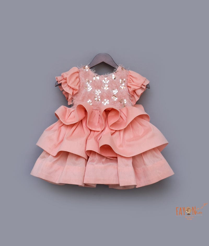 Fayon Kids Peach Sequins Tassel Frock for Girls