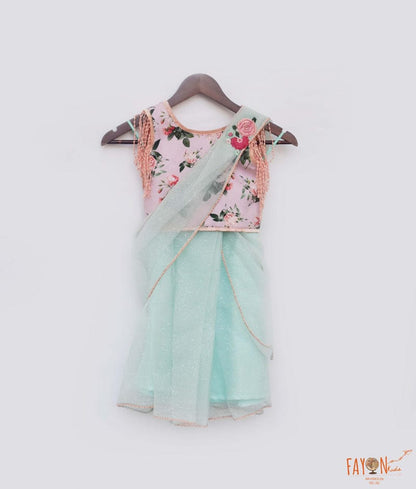 Fayon Kids Peach Silk Aqua Blue Organza Printed Saree for Girls