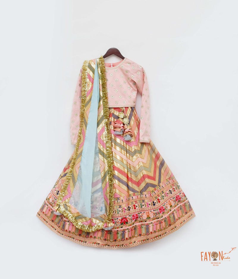Peach Silk Flower Boti Embroidery Lehenga with Choli Organza Dupatta for Girls