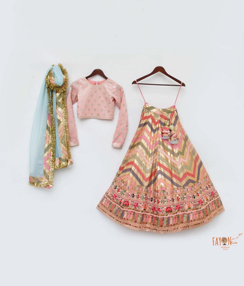 Peach Silk Flower Boti Embroidery Lehenga with Choli Organza Dupatta for Girls