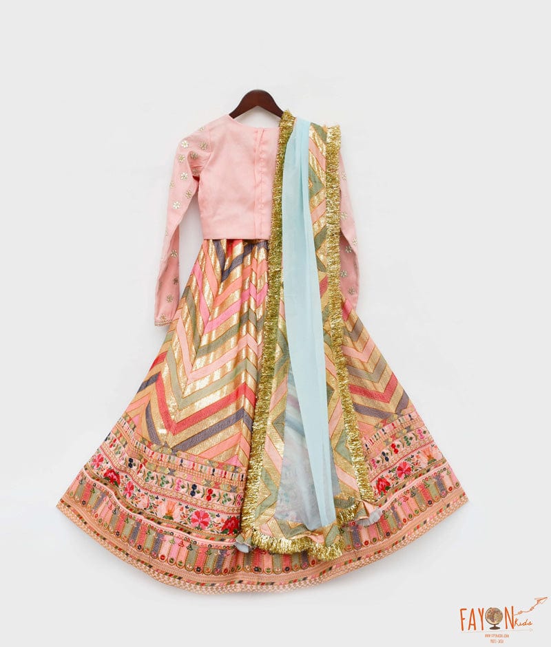 Peach Silk Flower Boti Embroidery Lehenga with Choli Organza Dupatta for Girls
