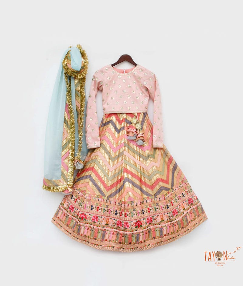 Peach Silk Flower Boti Embroidery Lehenga with Choli Organza Dupatta for Girls