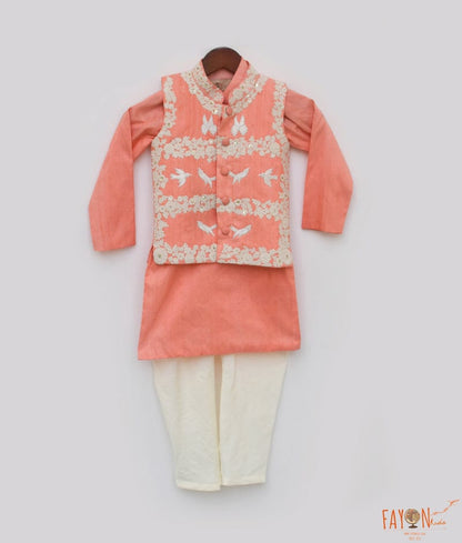 Fayon Kids Peach Silk Kurta Jacket and Chudidar for Boys