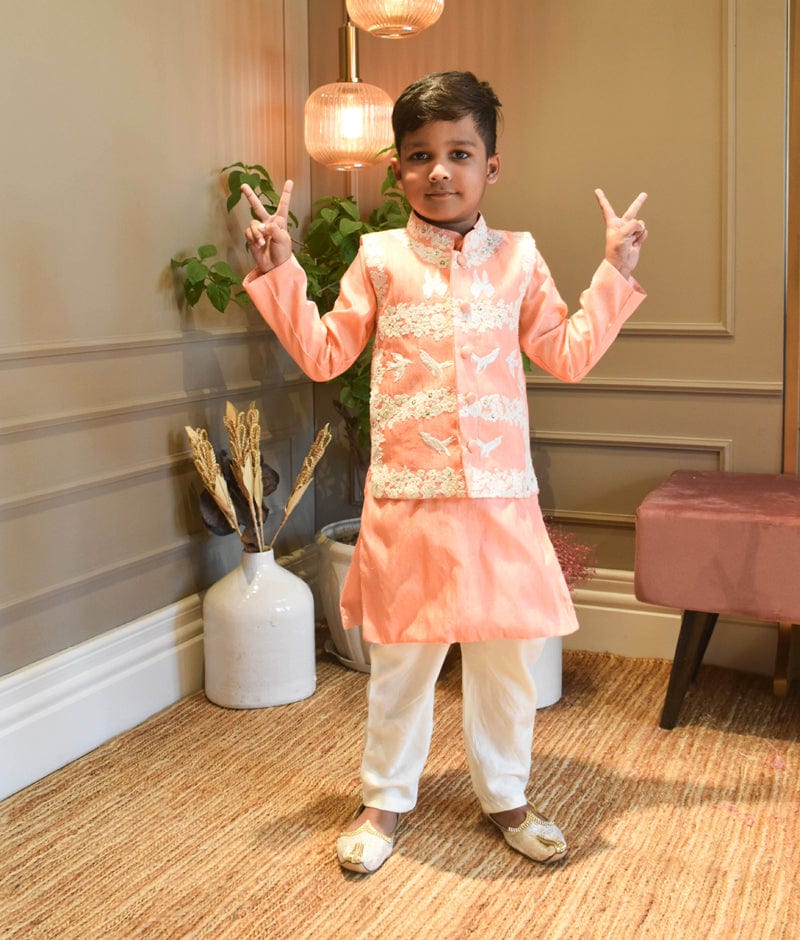 Fayon Kids Peach Silk Kurta Jacket and Chudidar for Boys