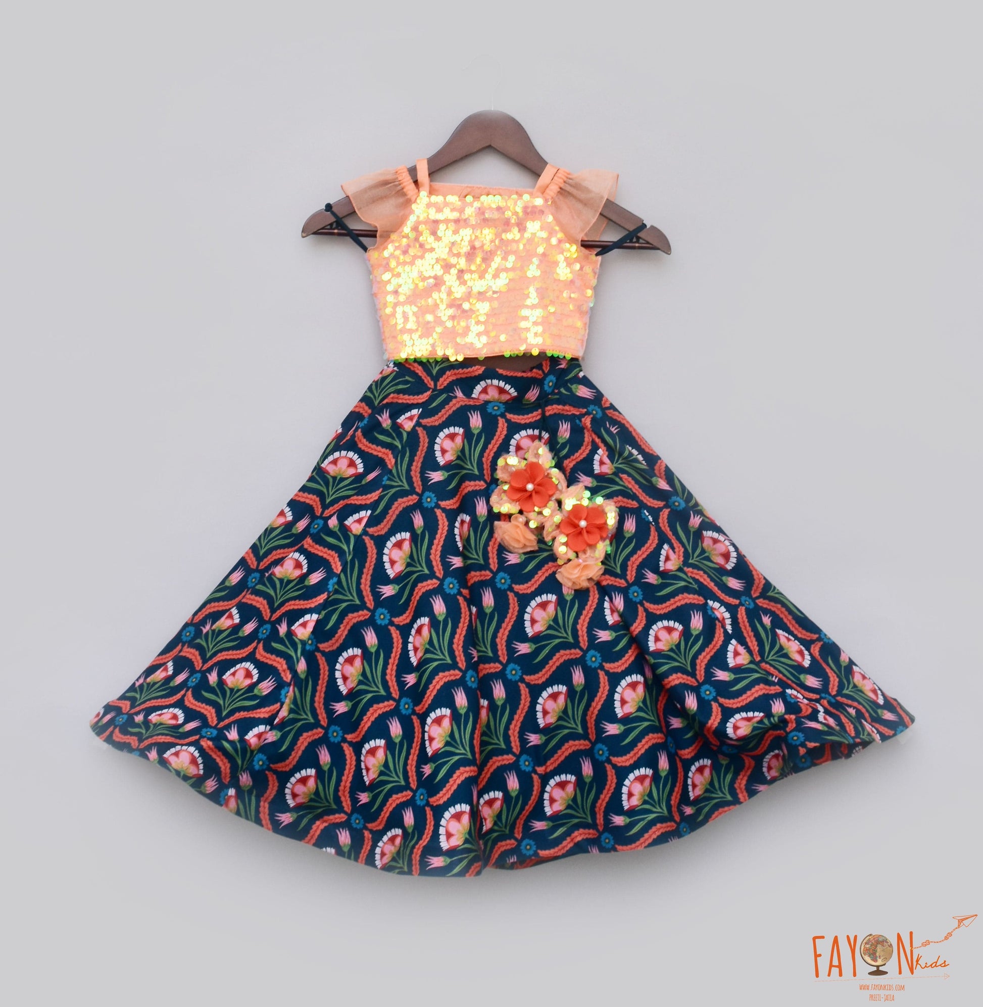 Peach Soft Sequin Printed Lehenga with Choli for Girls