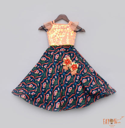 Peach Soft Sequin Printed Lehenga with Choli for Girls