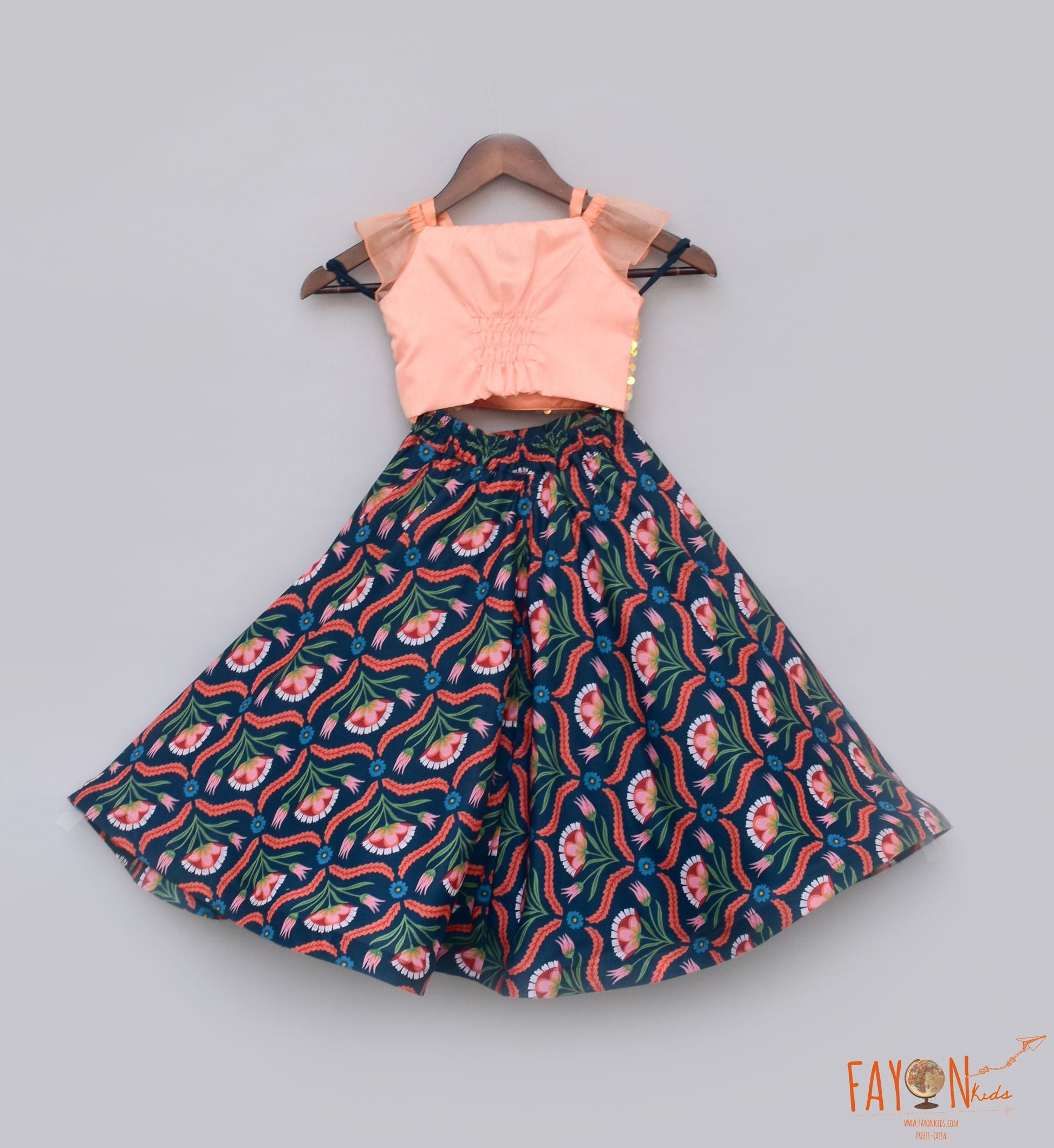 Peach Soft Sequin Printed Lehenga with Choli for Girls