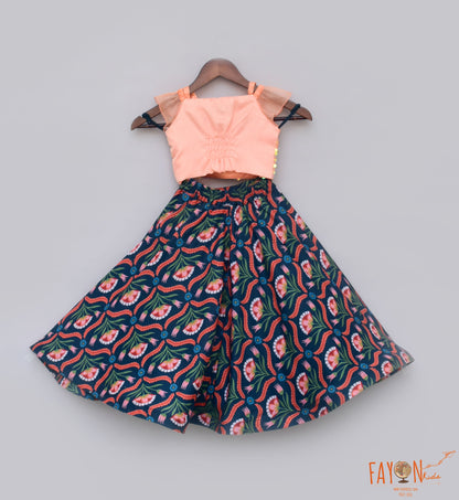Peach Soft Sequin Printed Lehenga with Choli for Girls