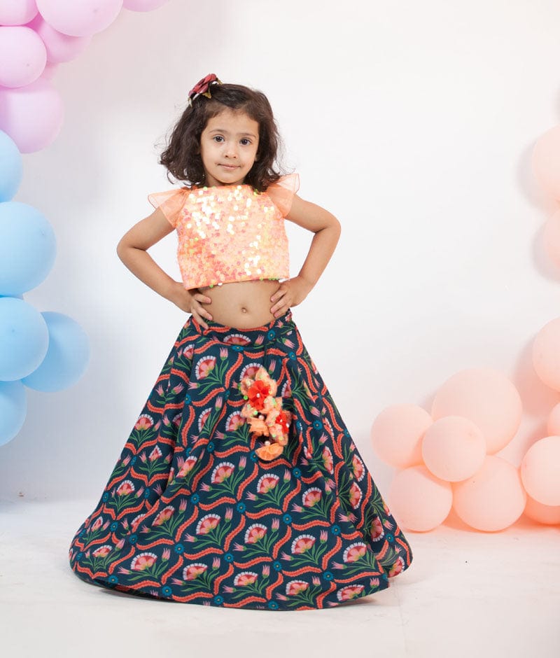 Peach Soft Sequin Printed Lehenga with Choli for Girls