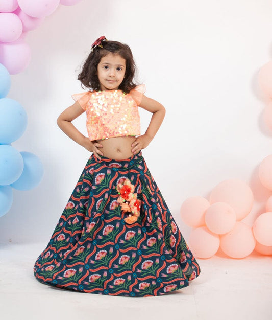 Peach Soft Sequin Printed Lehenga with Choli for Girls