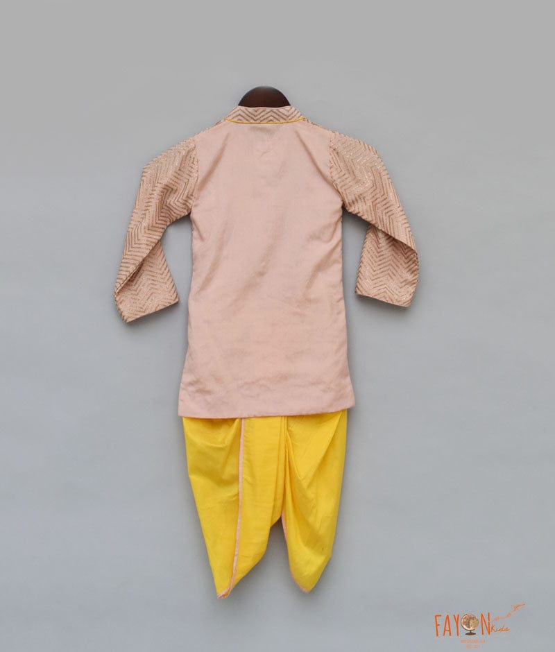 Fayon Kids Peach Zig Zag Gota Kurta with Yellow Dhoti for Boys