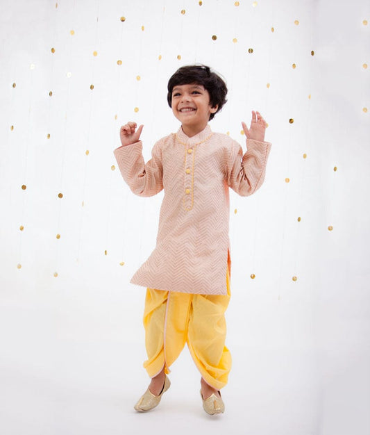 Fayon Kids Peach Zig Zag Gota Kurta with Yellow Dhoti for Boys