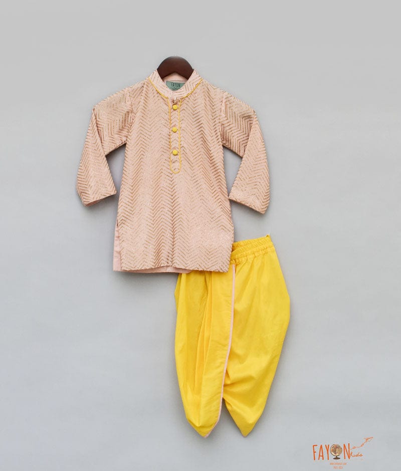 Fayon Kids Peach Zig Zag Gota Kurta with Yellow Dhoti for Boys