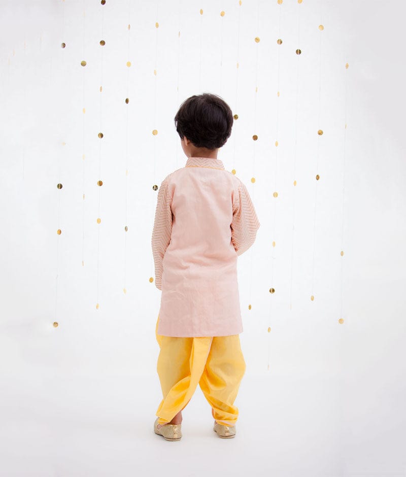 Fayon Kids Peach Zig Zag Gota Kurta with Yellow Dhoti for Boys