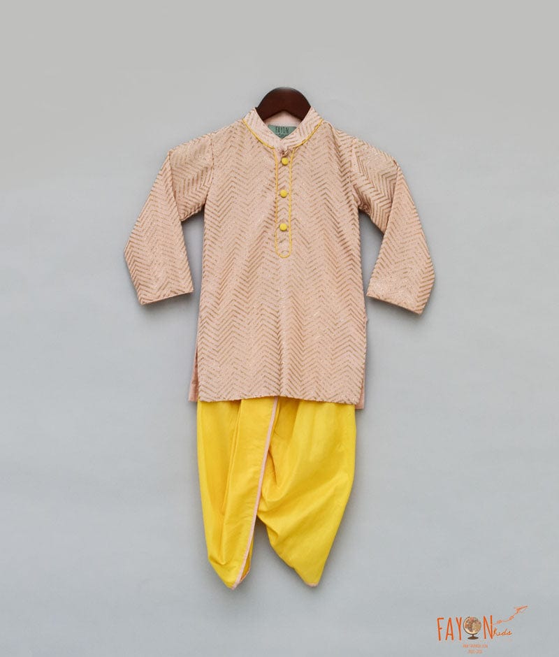 Fayon Kids Peach Zig Zag Gota Kurta with Yellow Dhoti for Boys