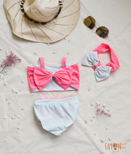 Pink and Blue Silver Polka Print Swim Wear for Girls