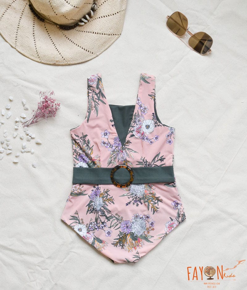 Pink and Green Floral Print Swim Wear for Girls