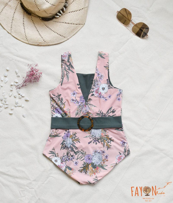 Pink and Green Floral Print Swim Wear for Girls