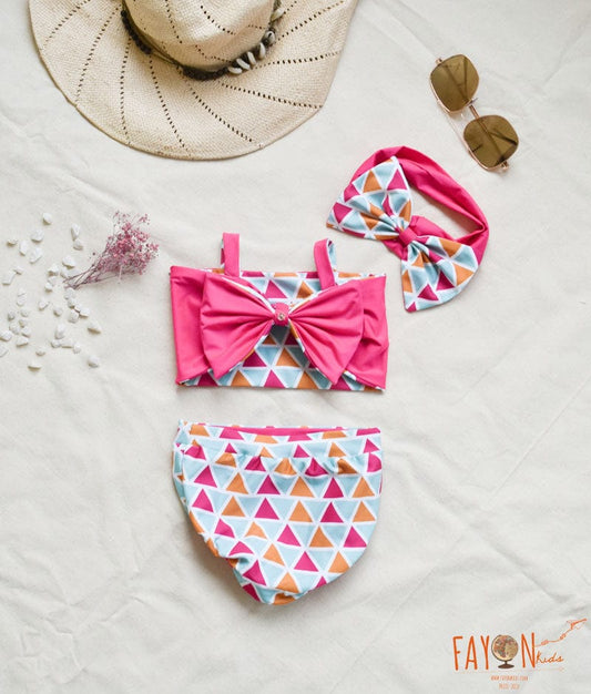Pink and Triagle Print Swim Wear for Girls