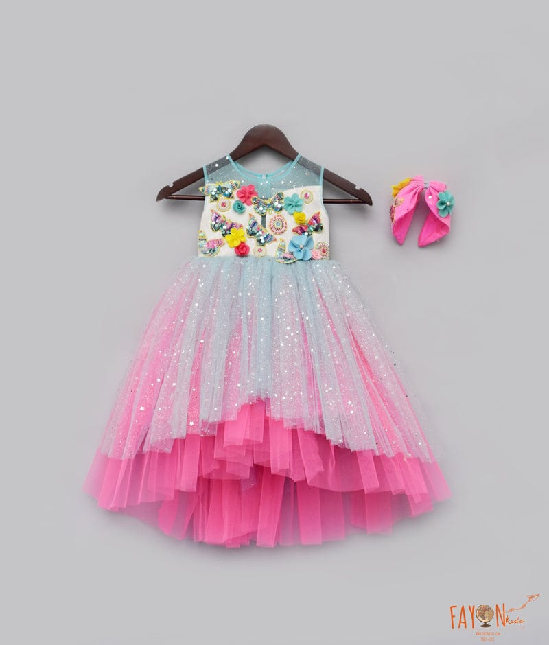 Fayon Kids Pink Blue High Low Frock for Girls