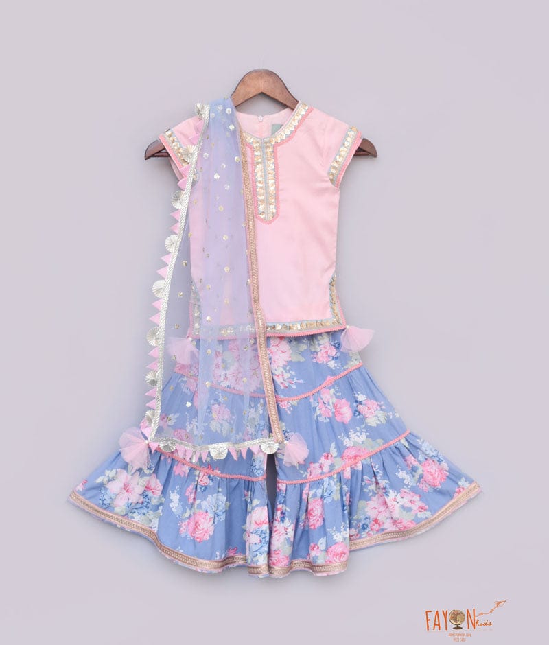 Fayon Kids Pink Cotton Blue Printed Sharara with Kurti Boti Net Dupatta for Girls