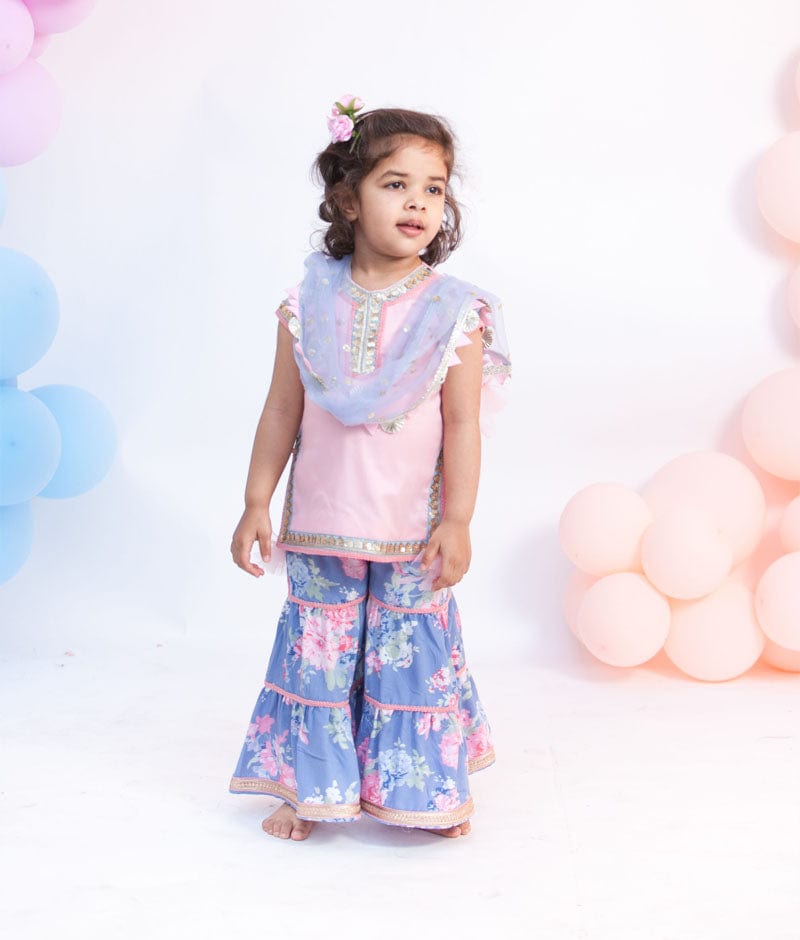 Fayon Kids Pink Cotton Blue Printed Sharara with Kurti Boti Net Dupatta for Girls