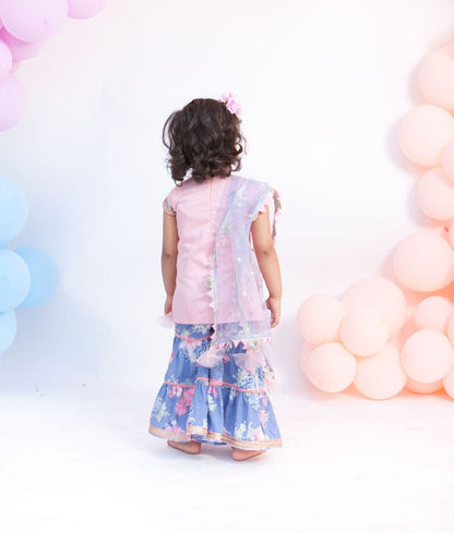 Fayon Kids Pink Cotton Blue Printed Sharara with Kurti Boti Net Dupatta for Girls