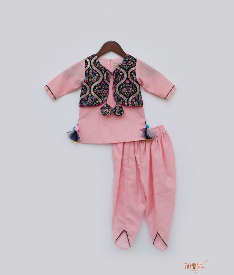 Pink Cotton Blue Velvet Jacket Dhoti Set for Girls