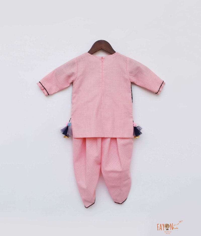 Fayon Kids Pink Cotton Blue Velvet Jacket Dhoti Set for Girls