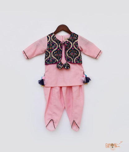 Fayon Kids Pink Cotton Blue Velvet Jacket Dhoti Set for Girls