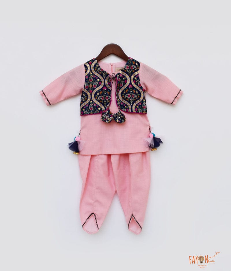 Pink Cotton Blue Velvet Jacket Dhoti Set for Girls