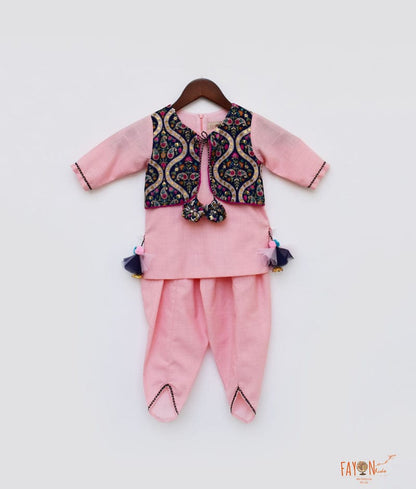 Pink Cotton Blue Velvet Jacket Dhoti Set for Girls