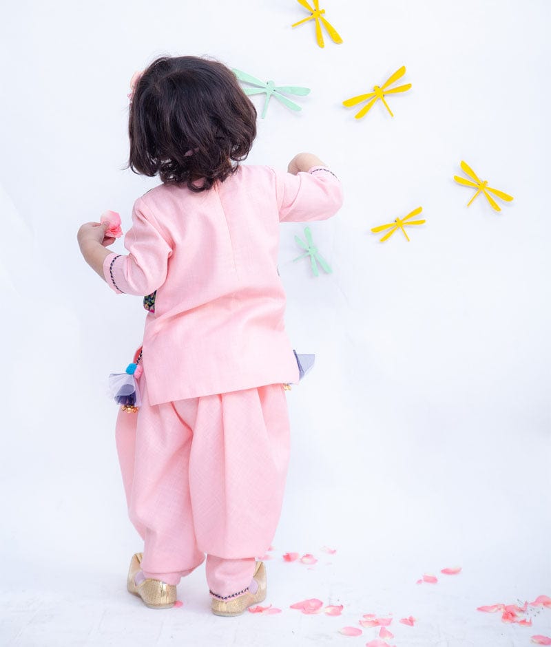 Pink Cotton Blue Velvet Jacket Dhoti Set for Girls