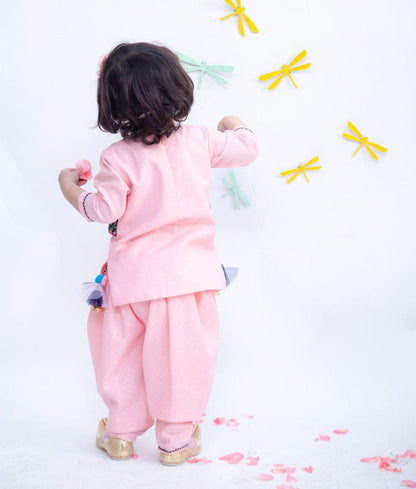 Pink Cotton Blue Velvet Jacket Dhoti Set for Girls
