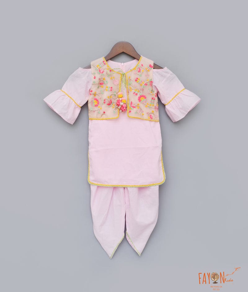 Fayon Kids Pink Cotton Dhoti Set with Embroidery Jacket for Girls