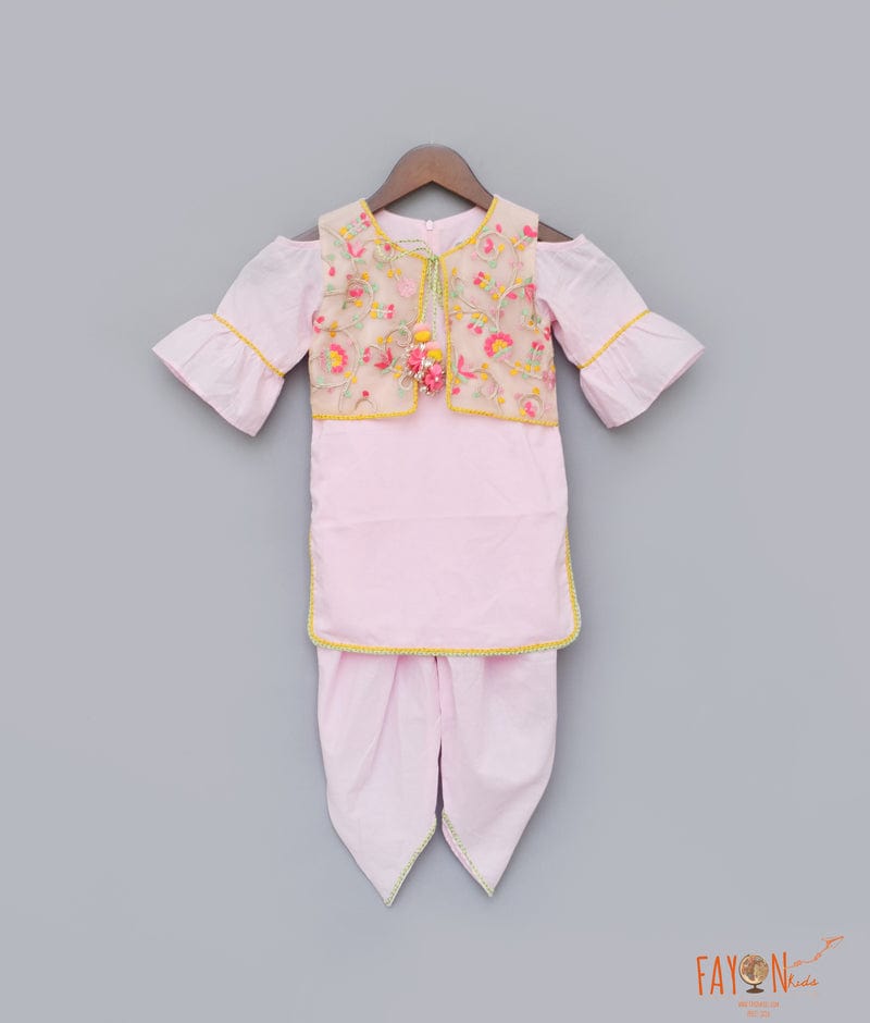 Pink Cotton Dhoti Set with Embroidery Jacket for Girls