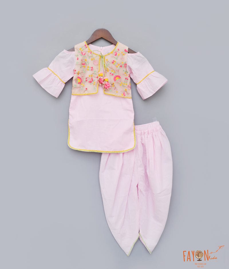 Pink Cotton Dhoti Set with Embroidery Jacket for Girls