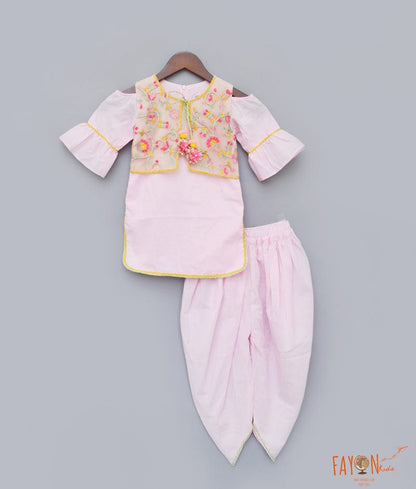 Fayon Kids Pink Cotton Dhoti Set with Embroidery Jacket for Girls