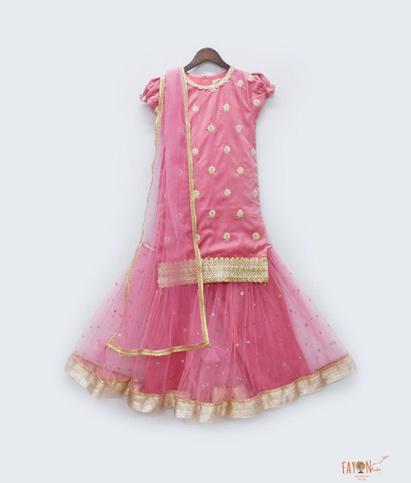 Fayon Kids Pink Cotton Silk Embroidery Sharara with Kurti Net Dupatta for Girls