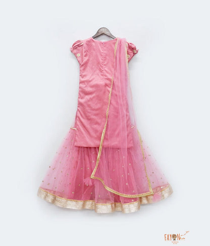 Fayon Kids Pink Cotton Silk Embroidery Sharara with Kurti Net Dupatta for Girls
