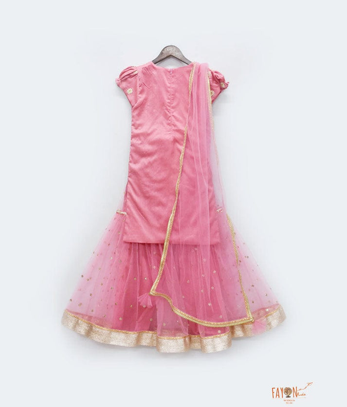 Pink Cotton Silk Embroidery Sharara with Kurti Net Dupatta for Girls
