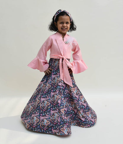 Fayon Kids Pink Cotton Silk Grey Velvet Printed Lehenga with Tie Knot Top for Girls