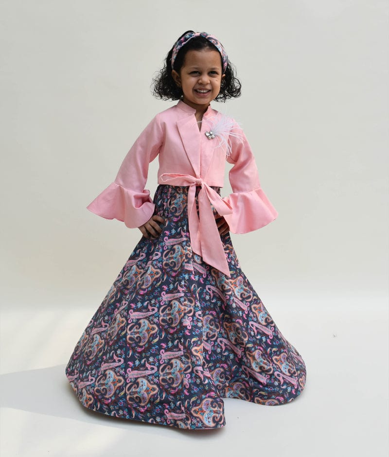 Pink Cotton Silk Grey Velvet Printed Lehenga with Tie Knot Top for Girls