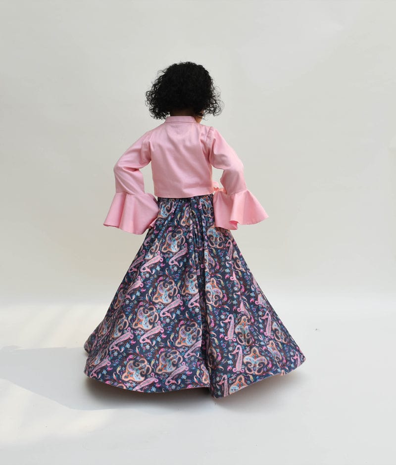 Pink Cotton Silk Grey Velvet Printed Lehenga with Tie Knot Top for Girls