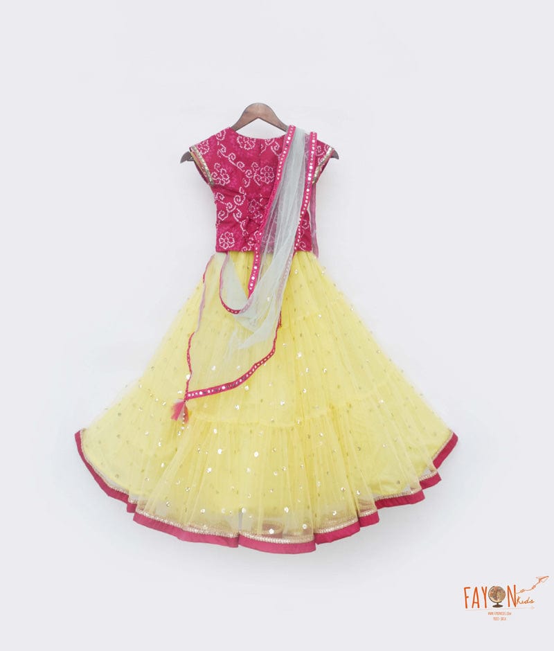 Fayon Kids Pink Cotton Yellow Boti Net Lehenga with Choli Boti Net Dupatta for Girls