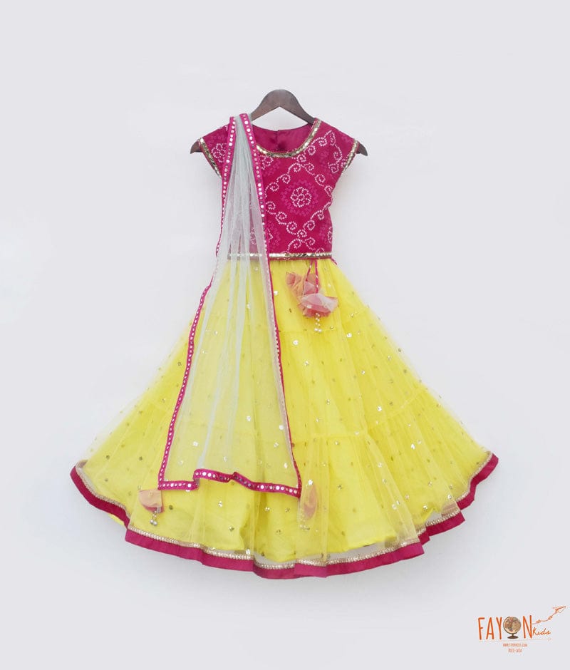 Fayon Kids Pink Cotton Yellow Boti Net Lehenga with Choli Boti Net Dupatta for Girls