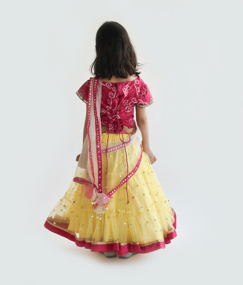 Fayon Kids Pink Cotton Yellow Boti Net Lehenga with Choli Boti Net Dupatta for Girls
